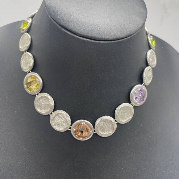 Textured Multicolor Crystal Link Bib Necklace Silver Tone Hippie Bohemian Boho - Picture 3 of 7